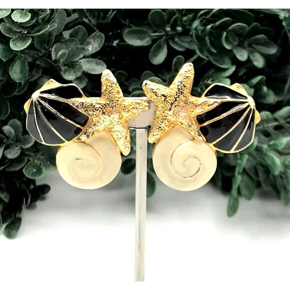 Gold-Tone Starfish & Shell Clip-On Earrings With Black & Cream Enamel Accents - Picture 5 of 6